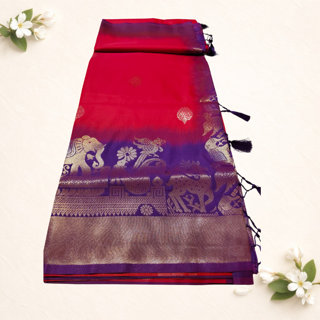 Synthetic sarees with birds and animal design