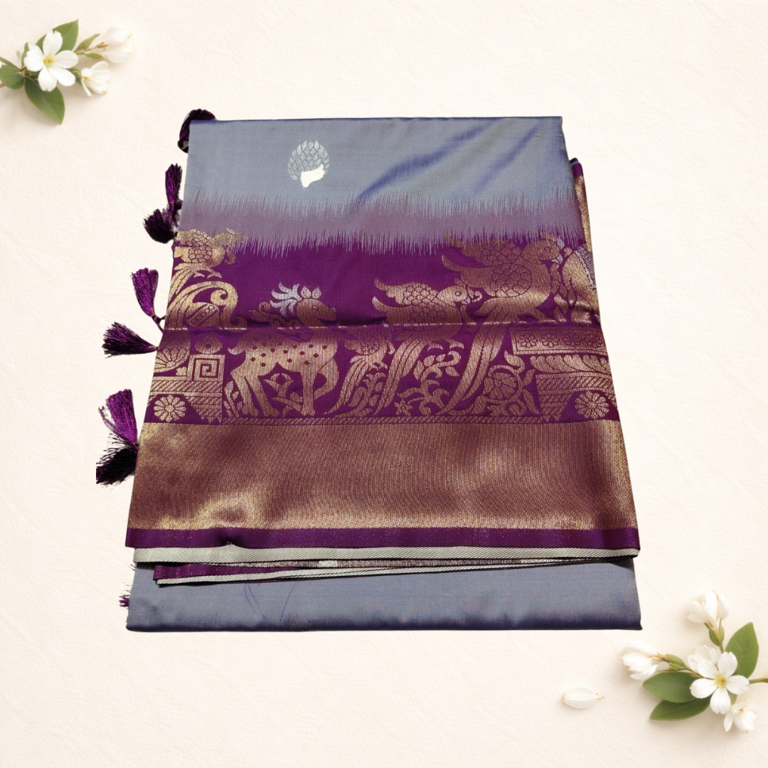 Synthetic sarees with birds and animal design