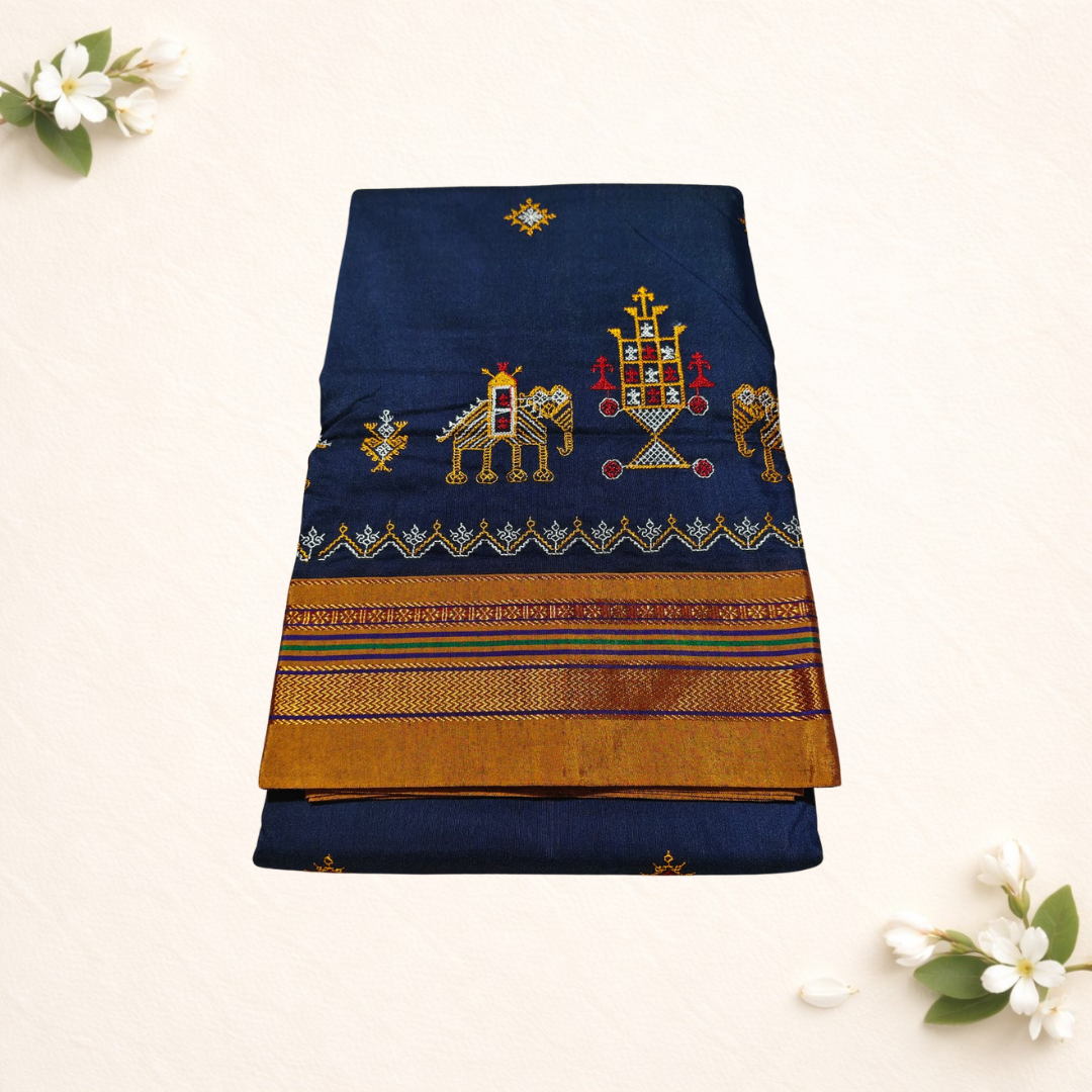 Ilkal cotton silk sarees with kasuti work different type border with small temple design elegant pallu with self blouse - Navy Blue