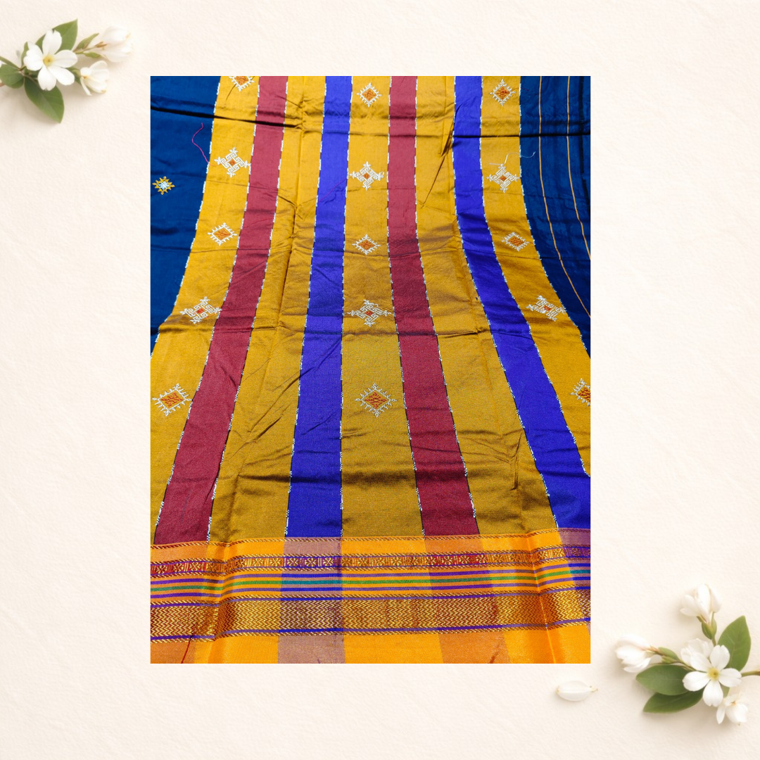 Ilkal cotton silk sarees with kasuti work different type border with small temple design elegant pallu with self blouse - Navy Blue