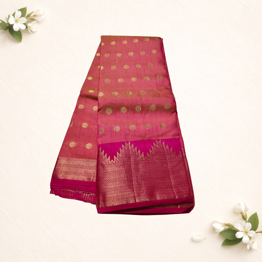 Tussar silk sarees with temple border butta motives all over body Patti pallu with blouse