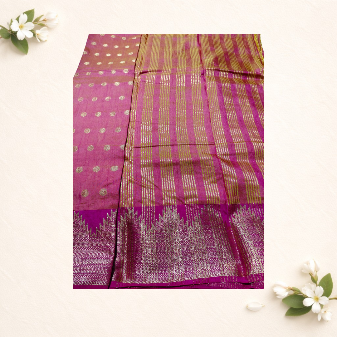Tussar silk sarees with temple border butta motives all over body Patti pallu with blouse