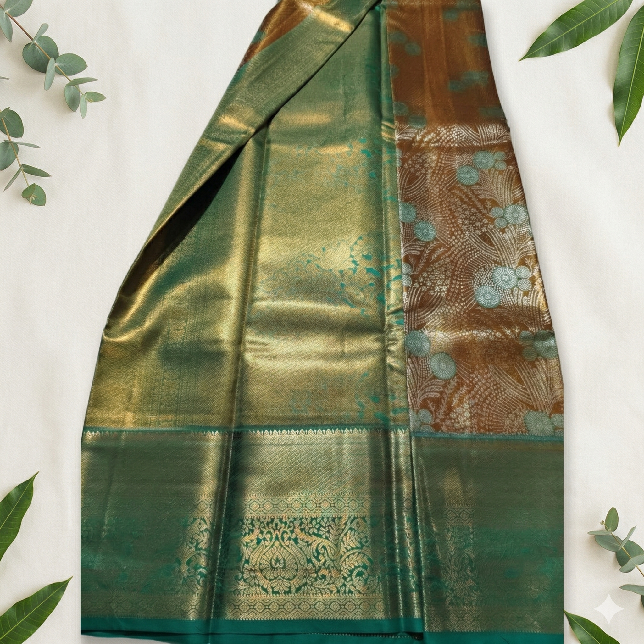 Tissue Silk Copper Zari Woven Saree with Grand Teal Border - Green and Copper