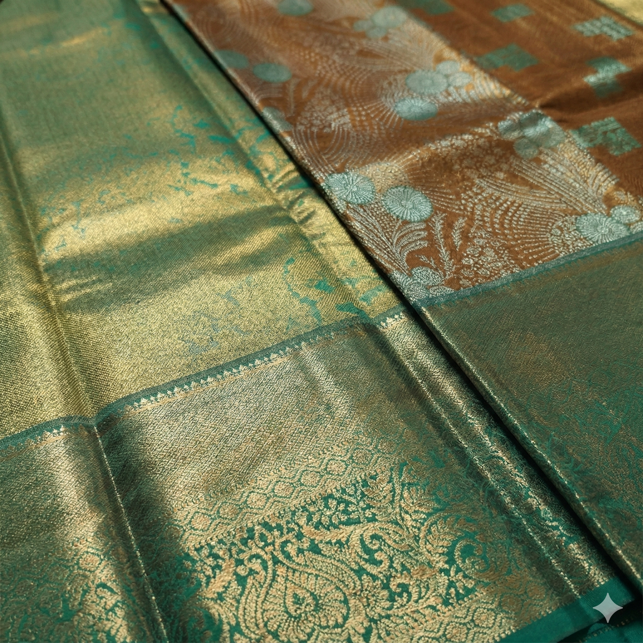 Tissue Silk Copper Zari Woven Saree with Grand Teal Border - Green and Copper