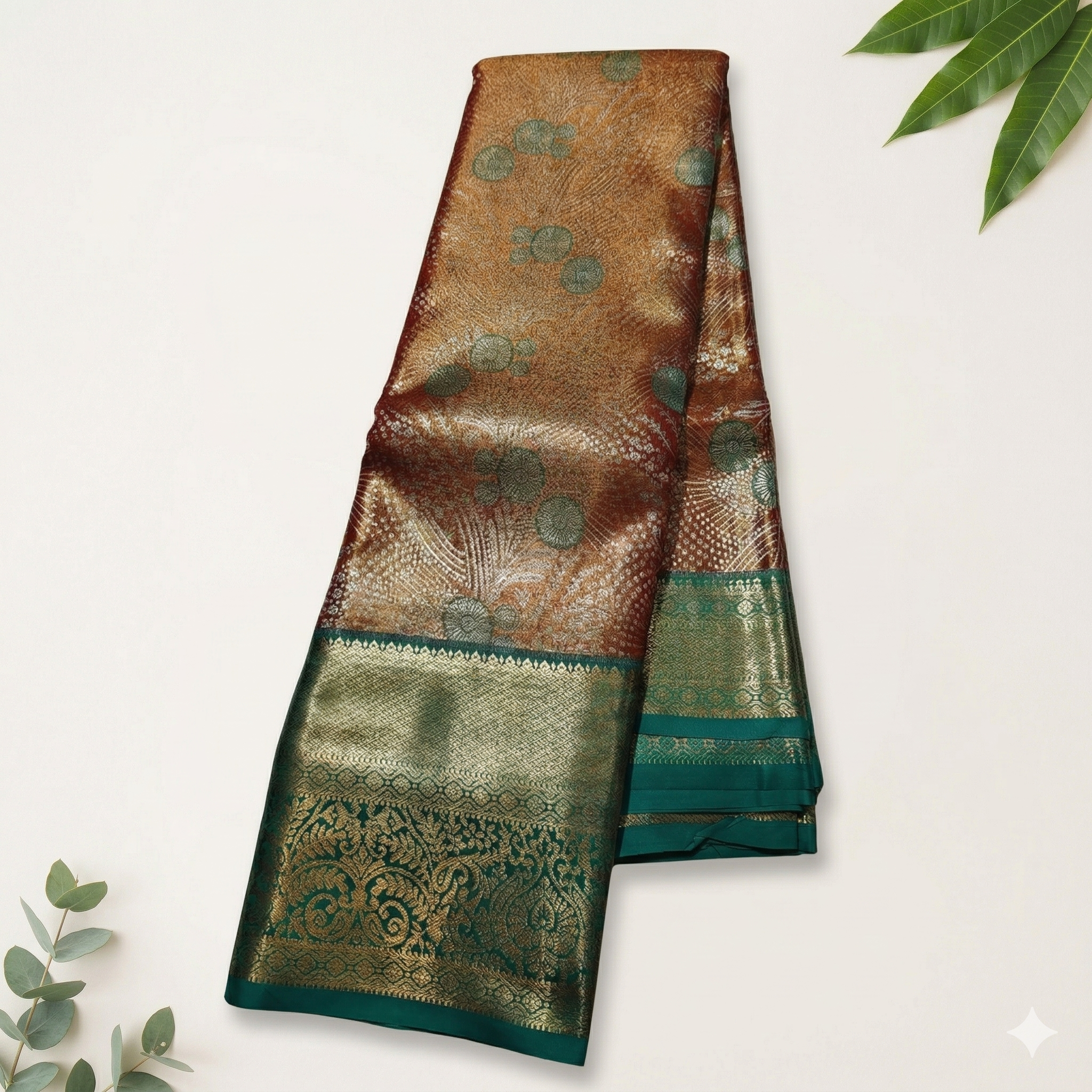 Tissue Silk Copper Zari Woven Saree with Grand Teal Border - Green and Copper