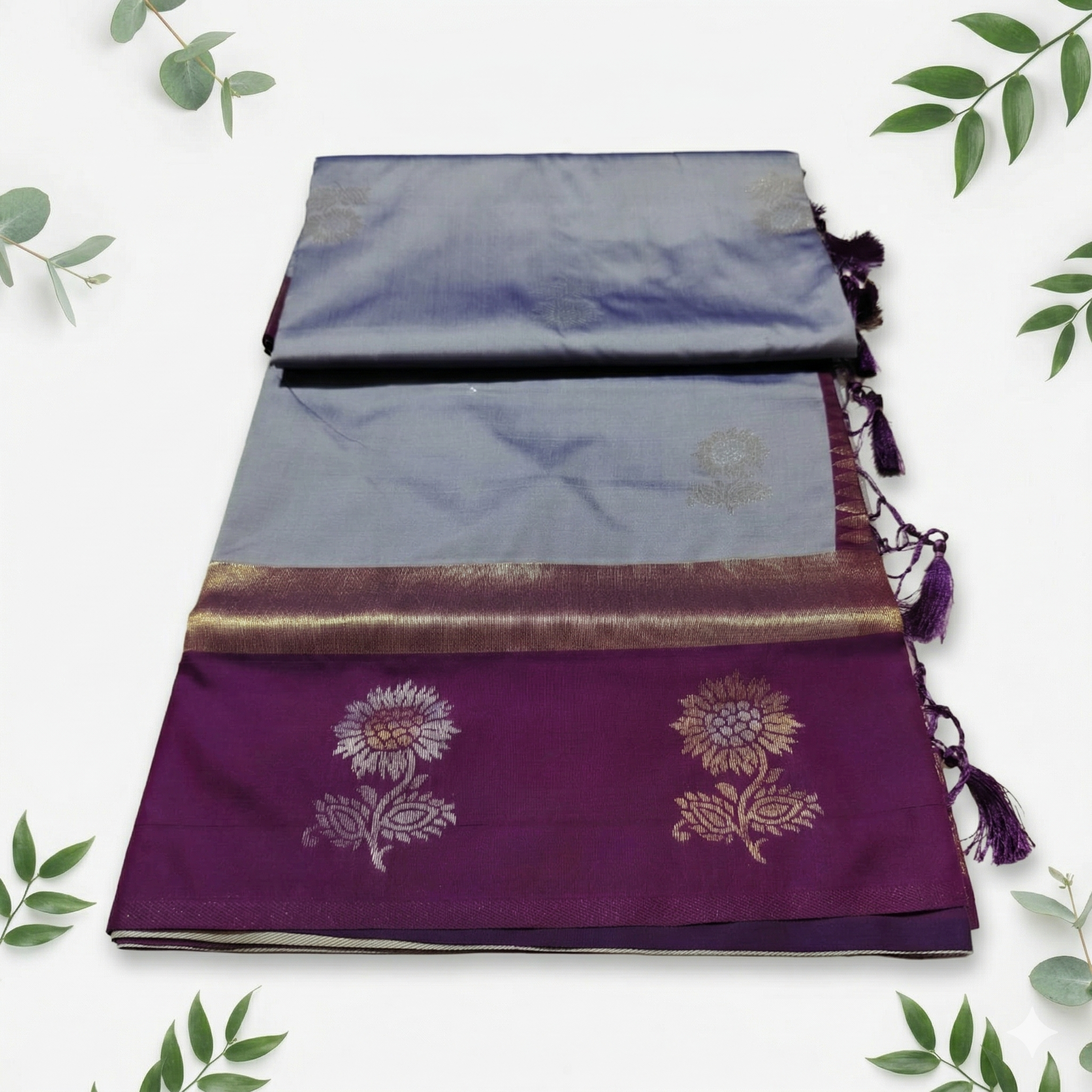 Synthetic Saree with Big Flower Motifs, Contrast Zari Pallu & Blouse