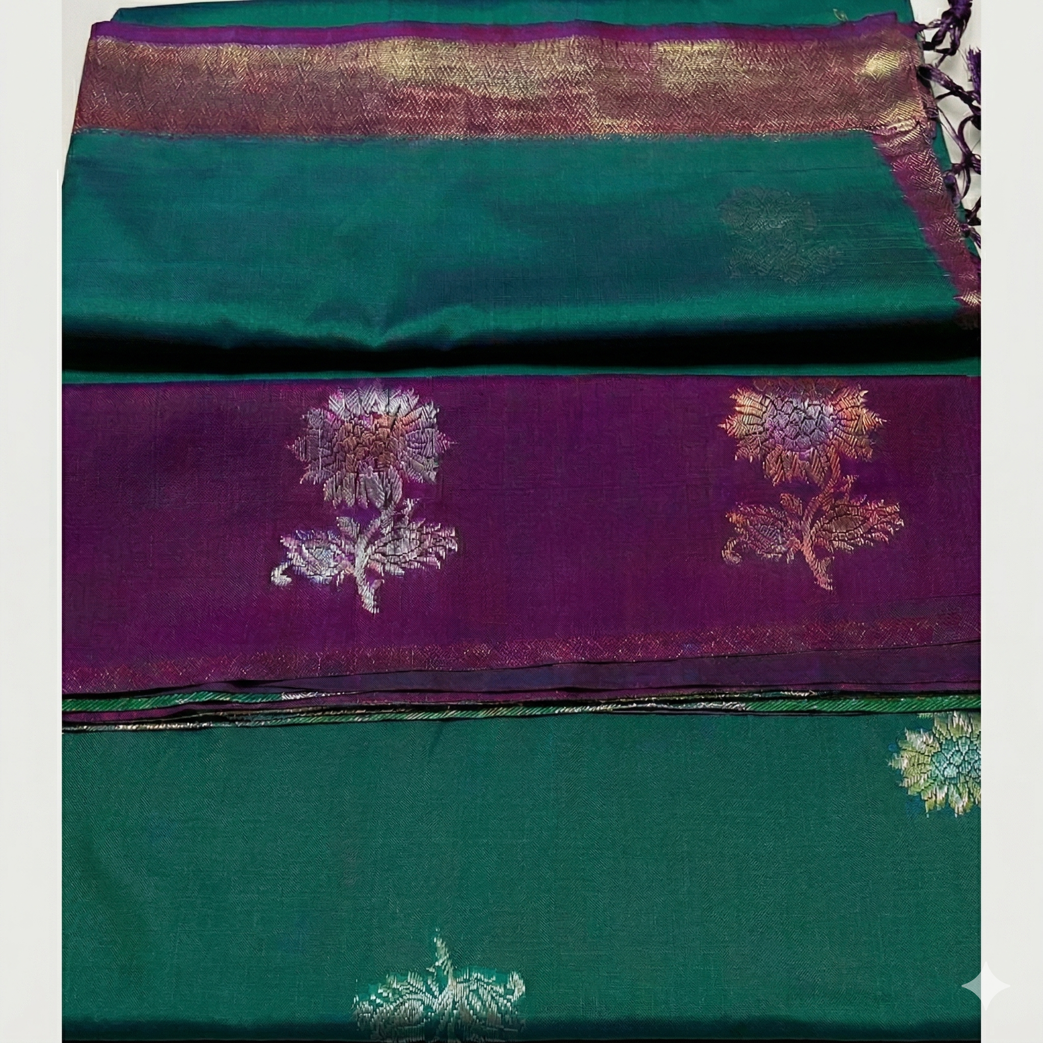 Synthetic Saree with Big Flower Motifs, Contrast Zari Pallu & Blouse