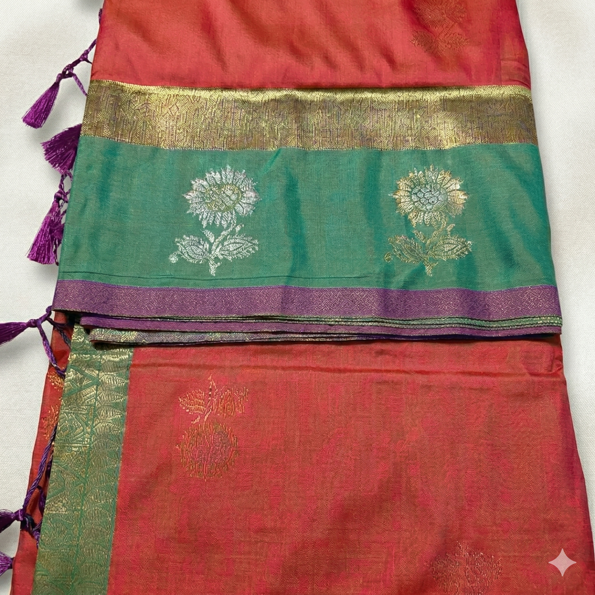 Synthetic Saree with Big Flower Motifs, Contrast Zari Pallu & Blouse