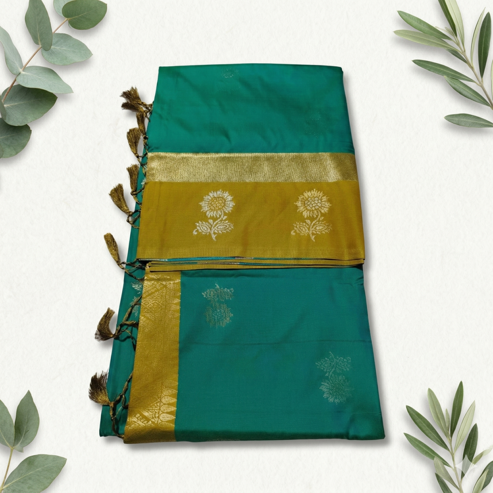 Synthetic Saree with Big Flower Motifs, Contrast Zari Pallu & Blouse
