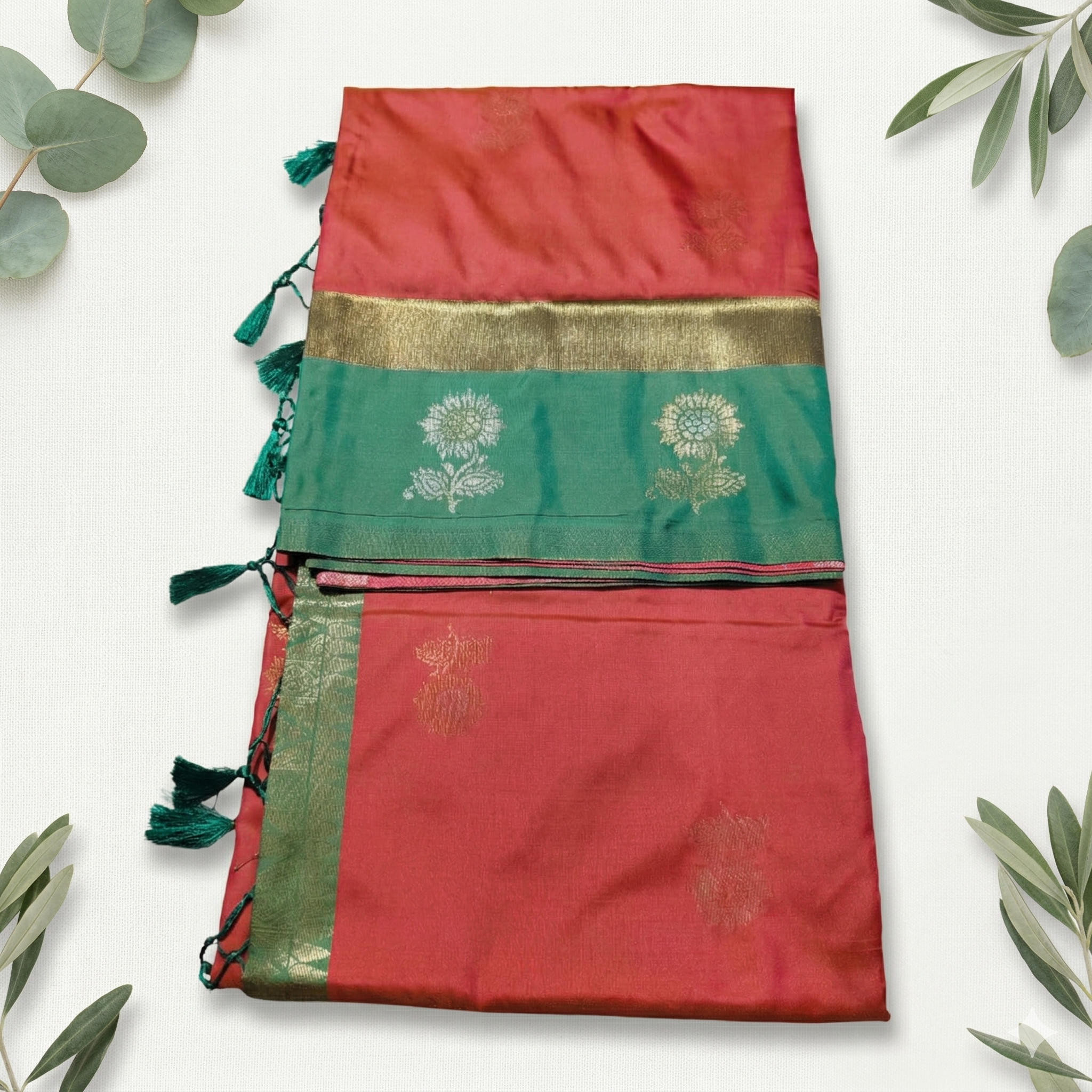 Synthetic Saree with Big Flower Motifs, Contrast Zari Pallu & Blouse