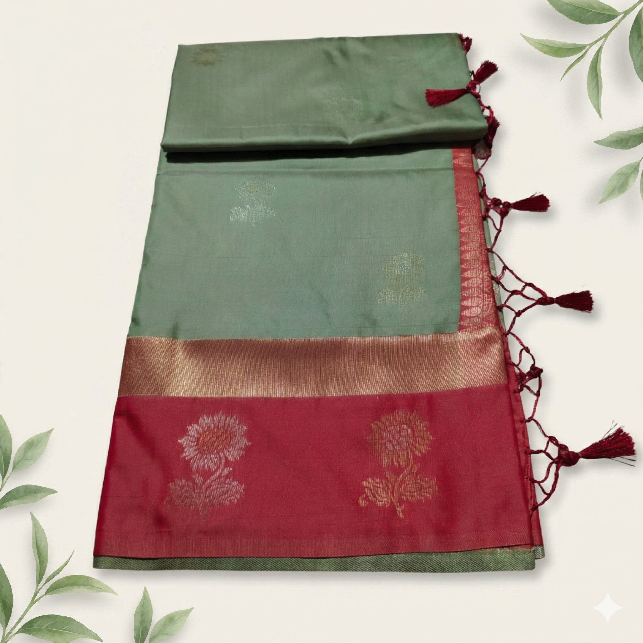 Synthetic Saree with Big Flower Motifs, Contrast Zari Pallu & Blouse