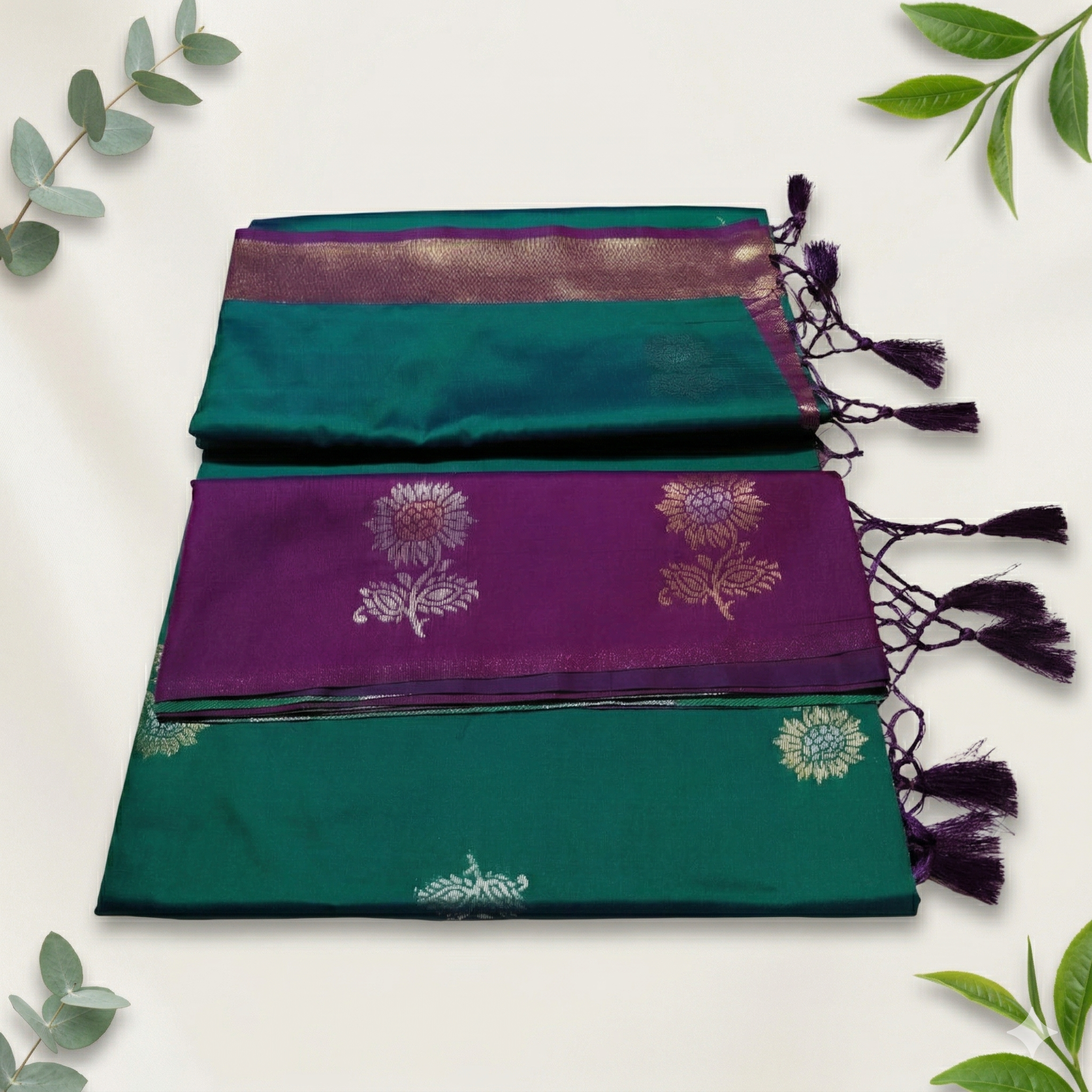 Synthetic Saree with Big Flower Motifs, Contrast Zari Pallu & Blouse