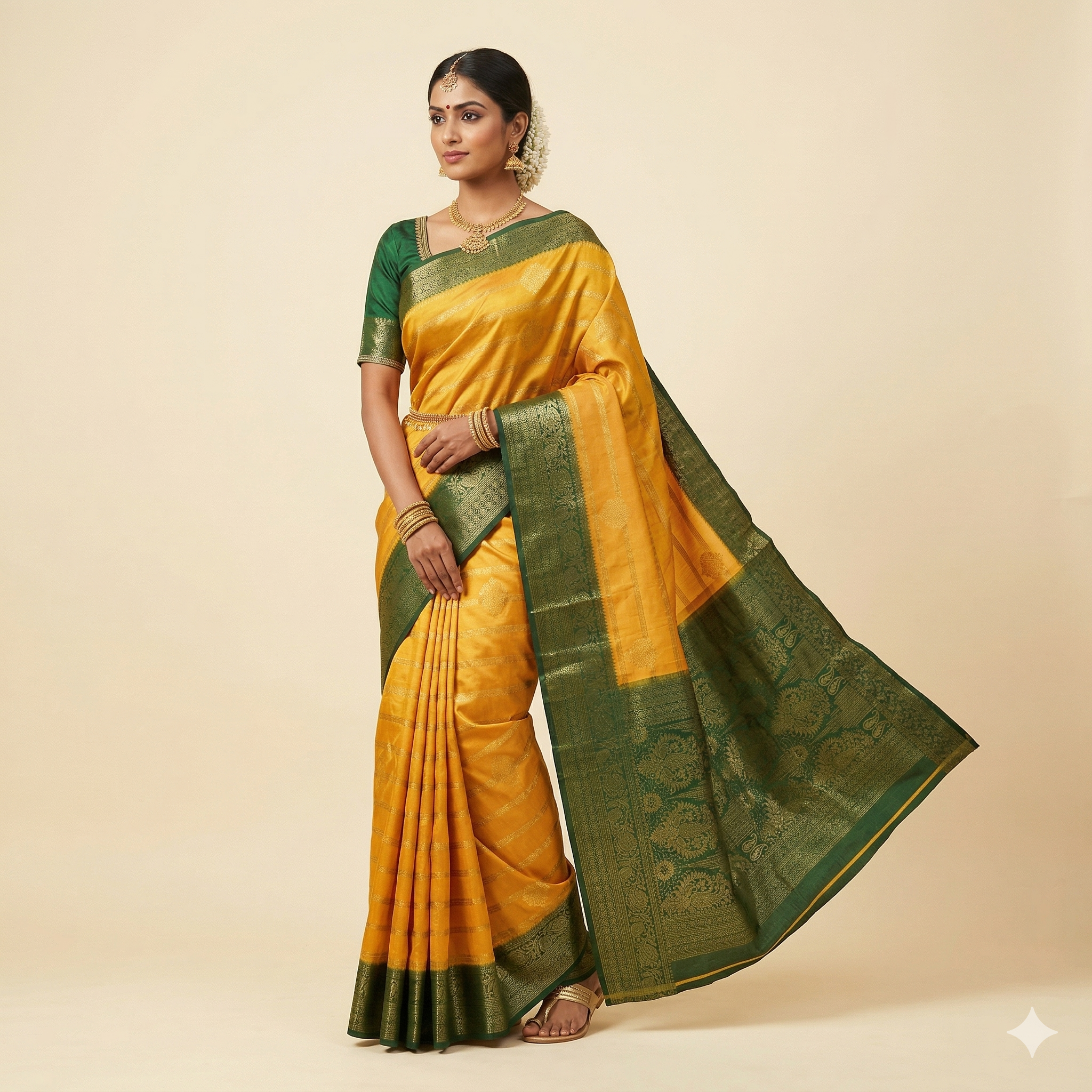 Mustard Gold Georgette Saree with Contrast Green Zari Border