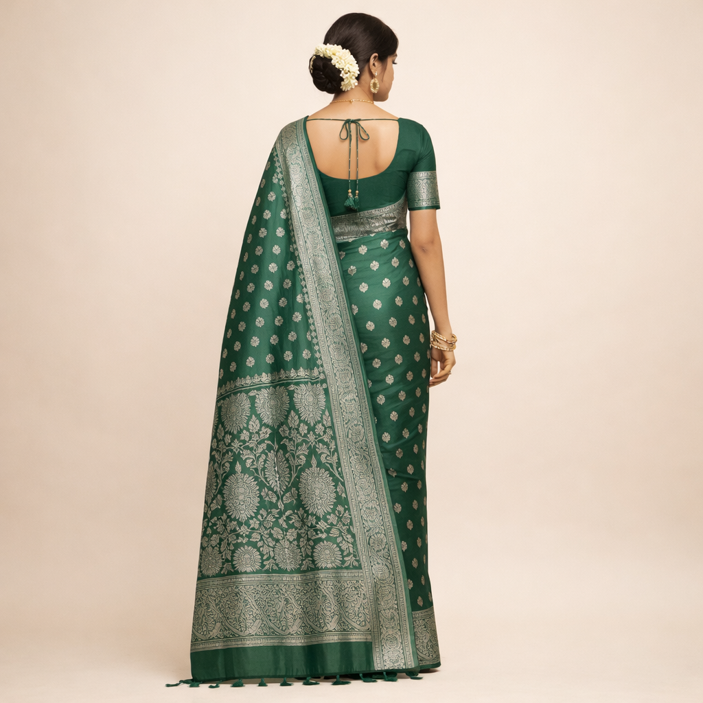 Soft Silk Kanjivaram Style Saree with Silver Zari Buttas