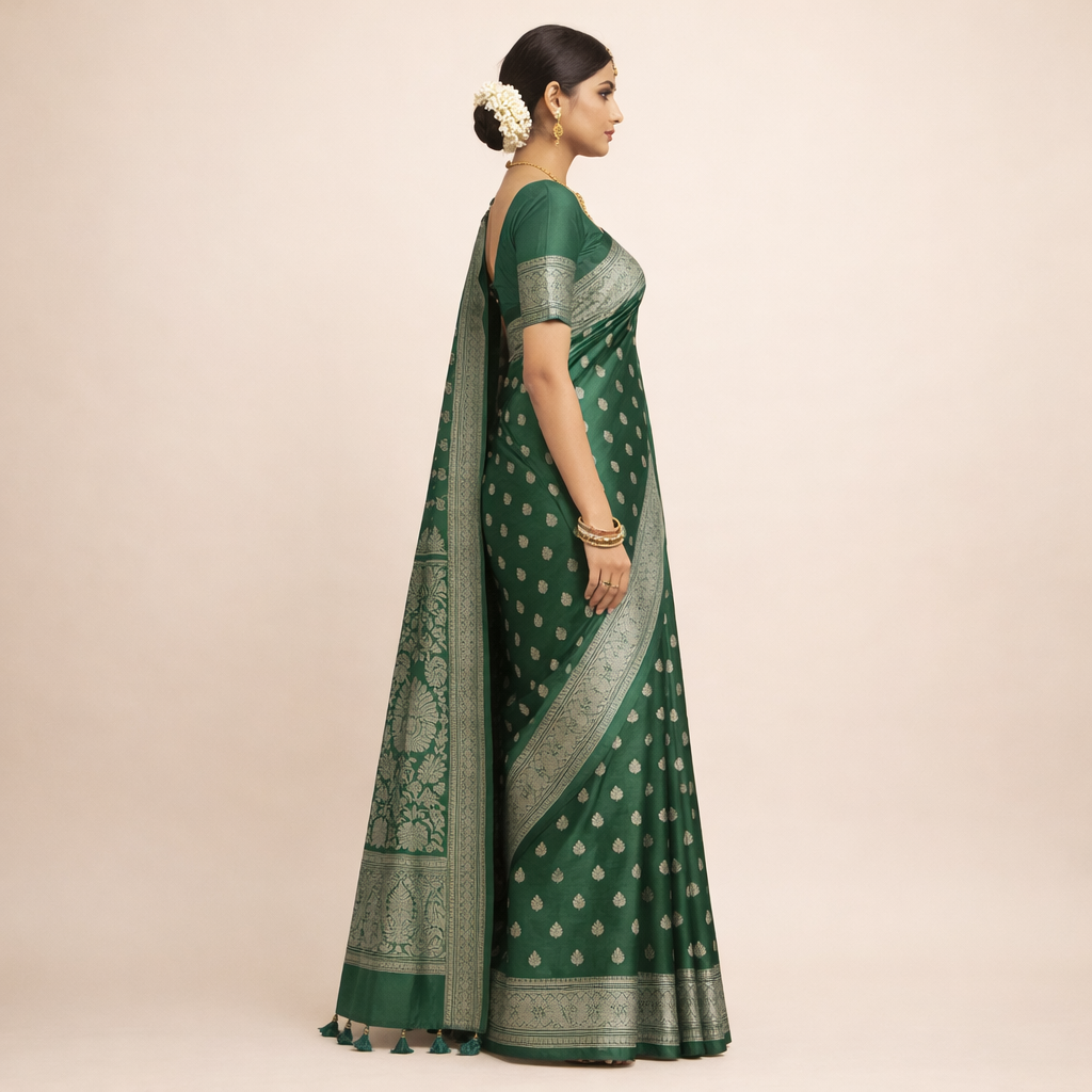 Soft Silk Kanjivaram Style Saree with Silver Zari Buttas