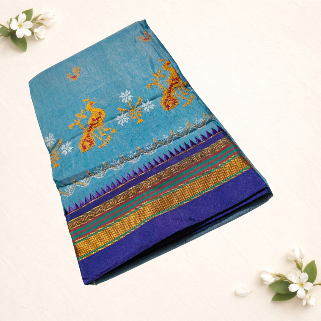 Ilkal cotton silk sarees with kasuti work different type border with small temple design elegant pallu With self blouse