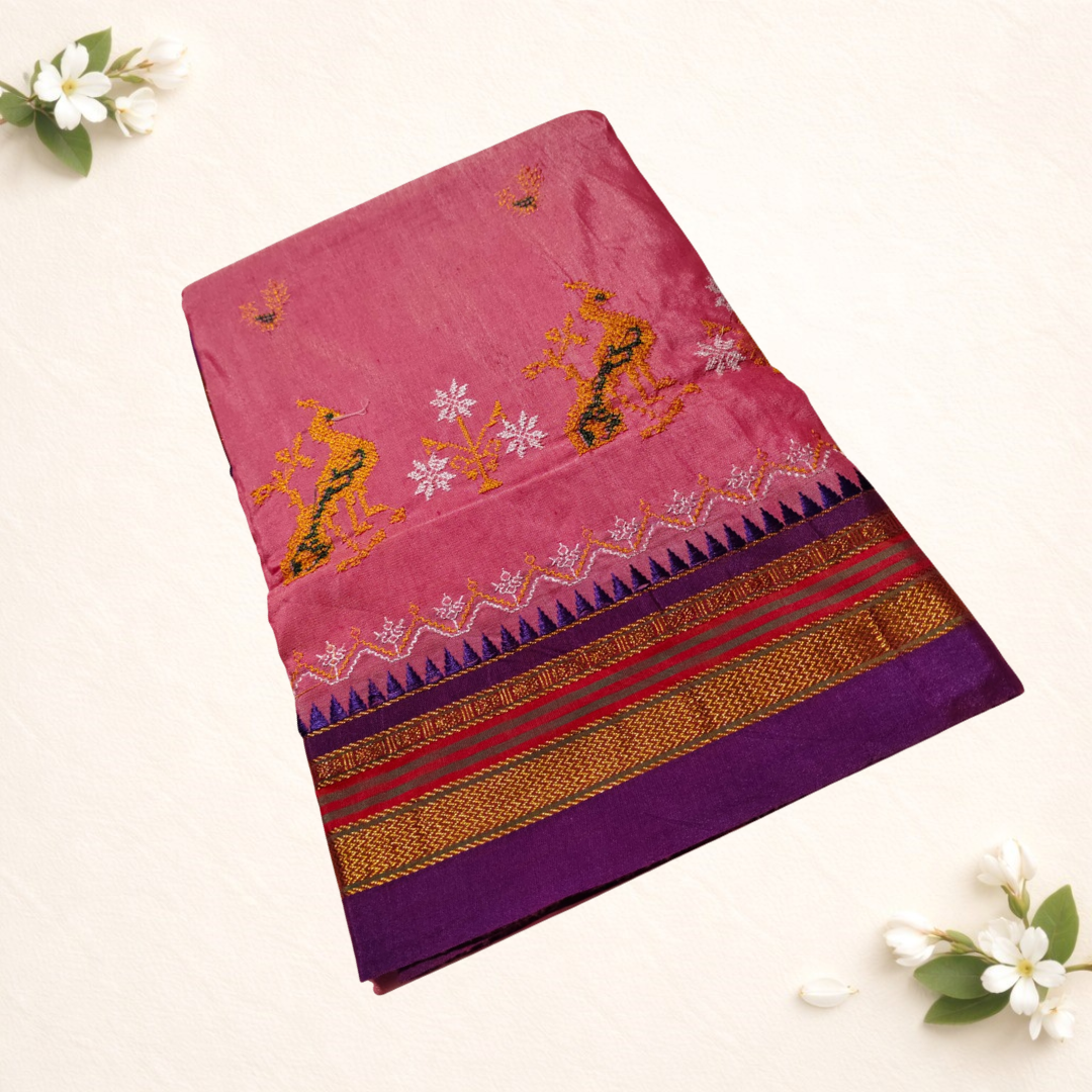 Ilkal cotton silk sarees with kasuti work different type border with small temple design elegant pallu With self blouse