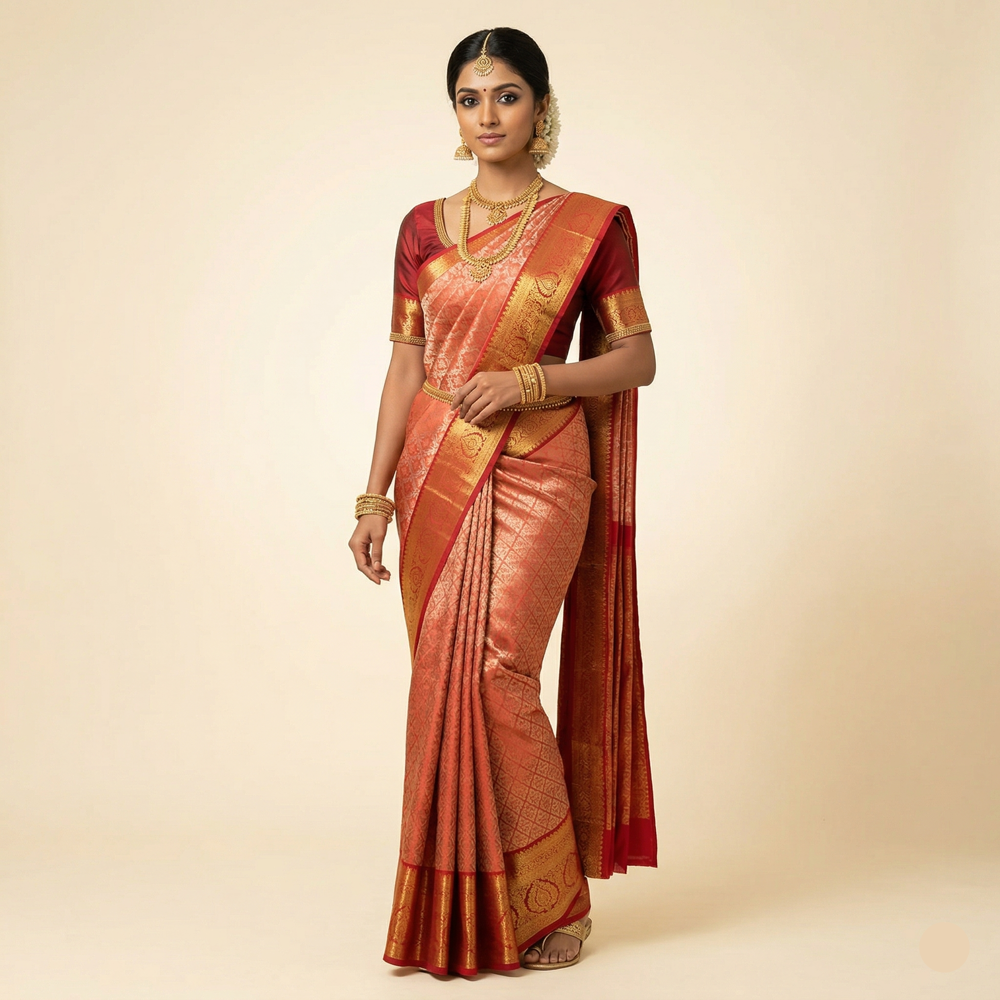 Woman wearing a traditional saree with gold accents on a beige background