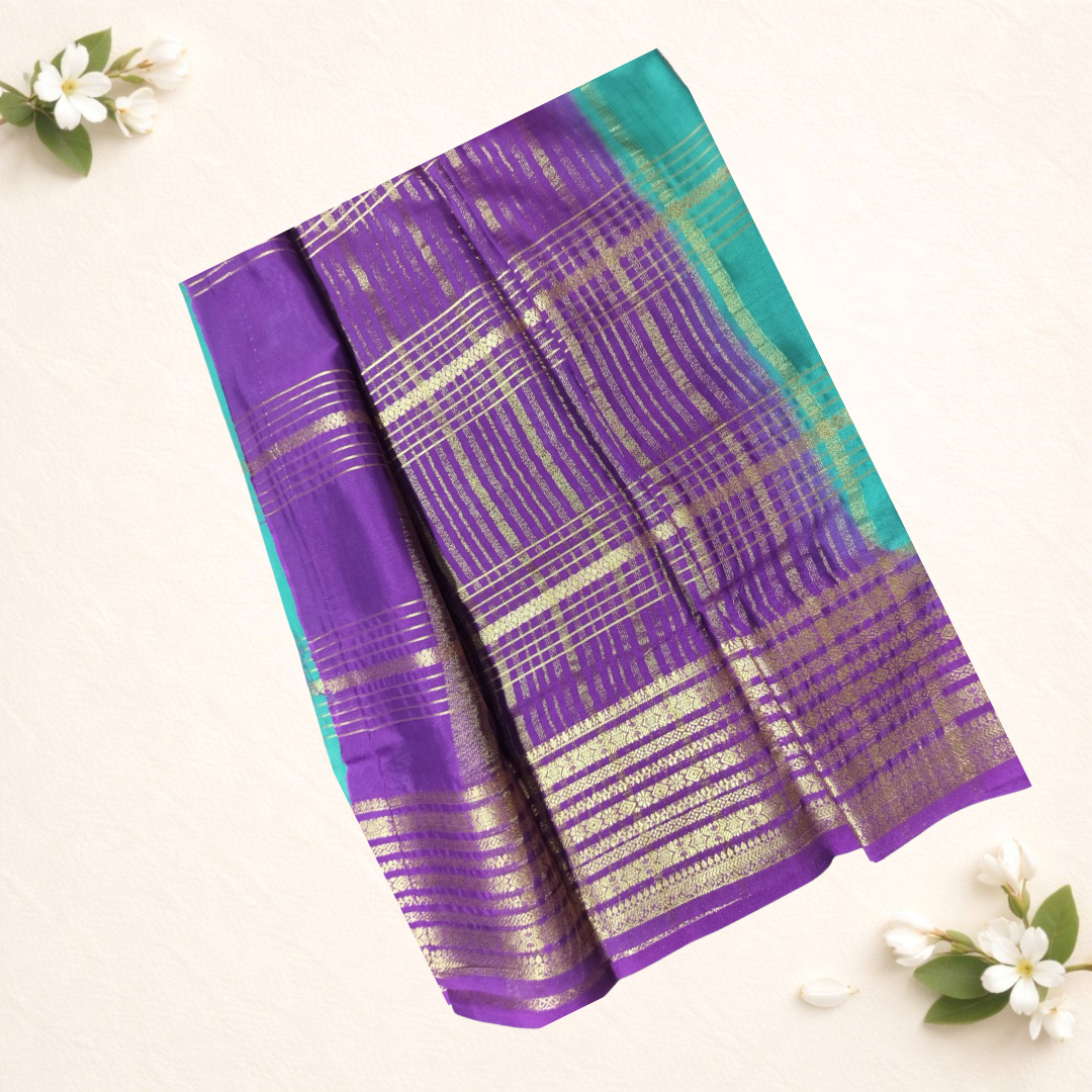 Crepe Silk Saree with Purple Body and Green Zari Border -plum purple