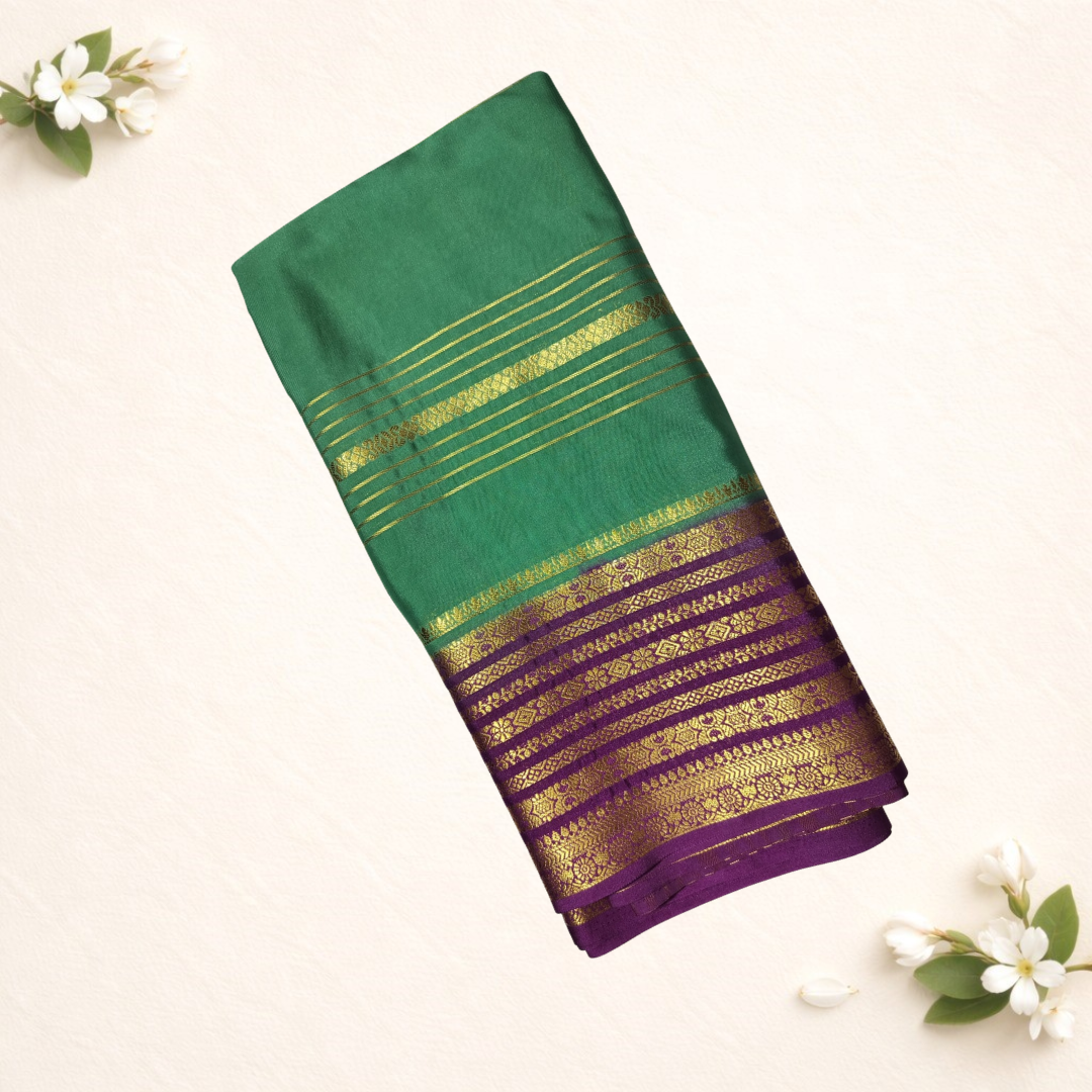 Crepe Silk Saree with Purple Body and Green Zari Border -plum purple
