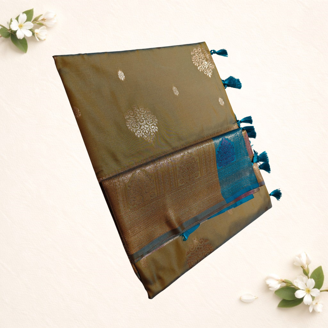 Synthetic sarees with big flower motives Contrast pallu and blouse  Softy material  Zari weaving with blouse and tessels