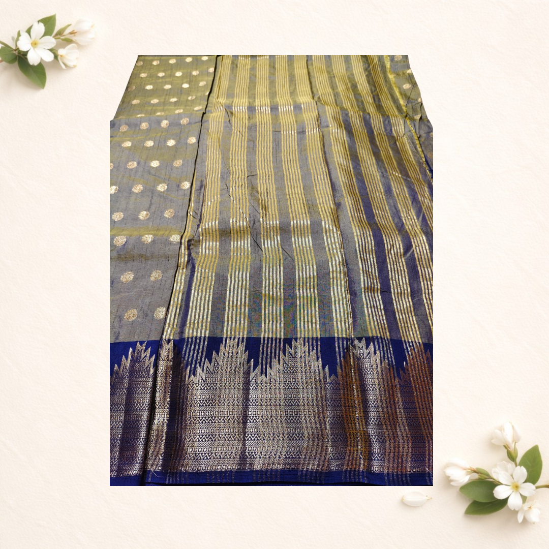 Temple Border Tussar Silk Saree with Butta Work