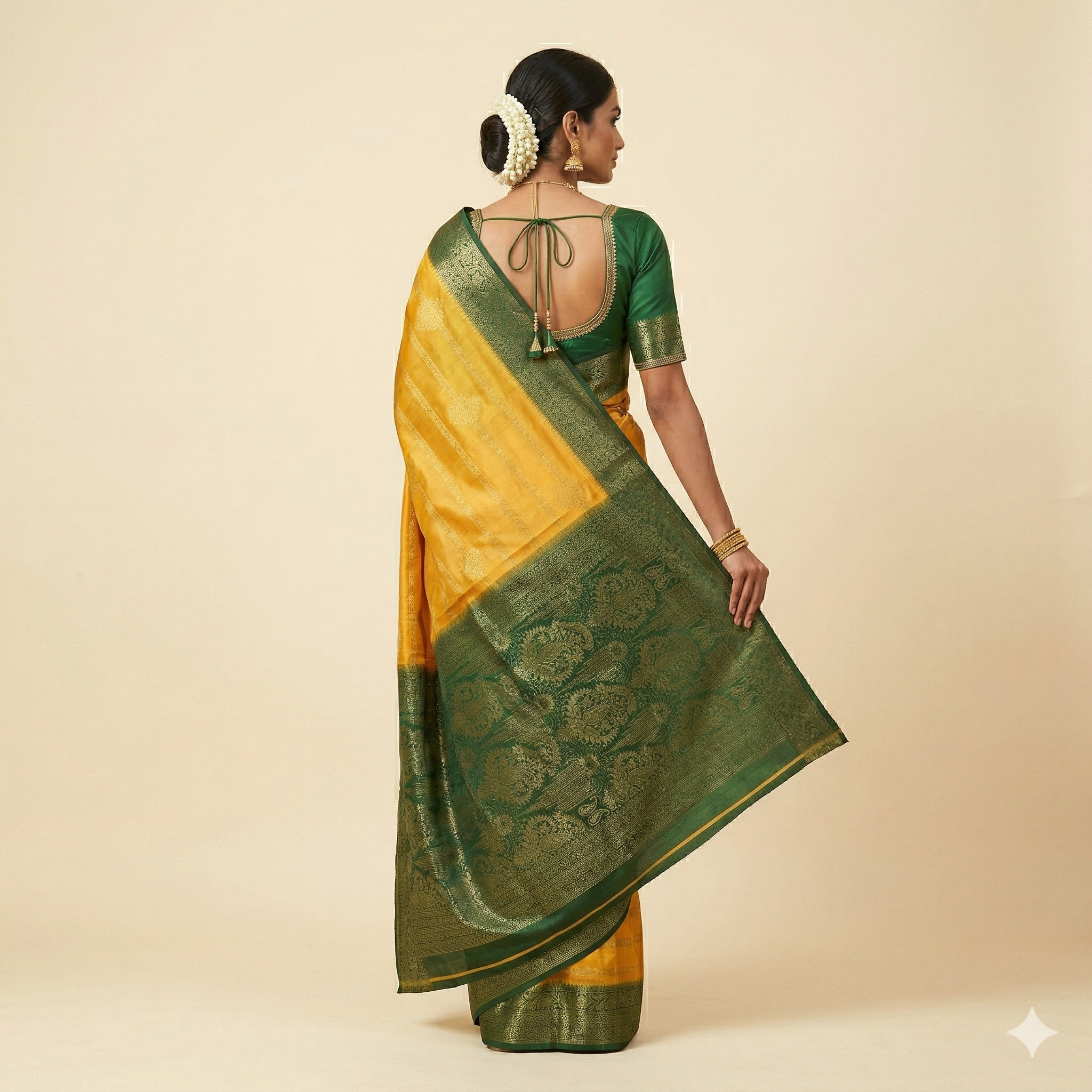 Mustard Gold Georgette Saree with Contrast Green Zari Border