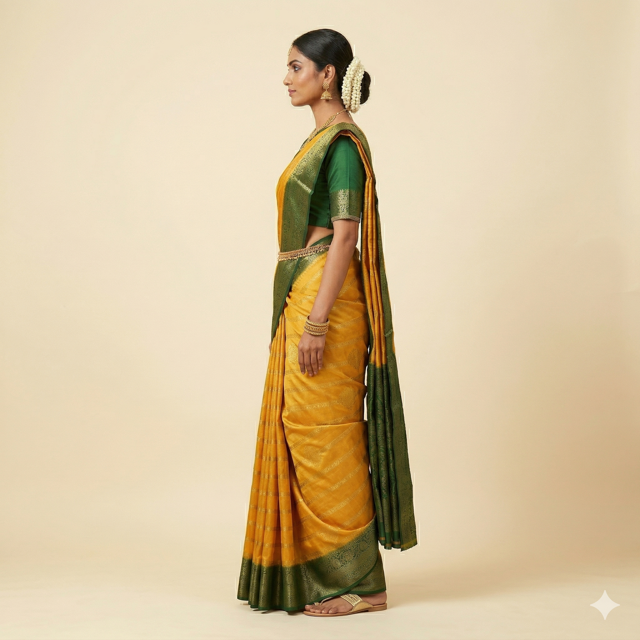 Mustard Gold Georgette Saree with Contrast Green Zari Border