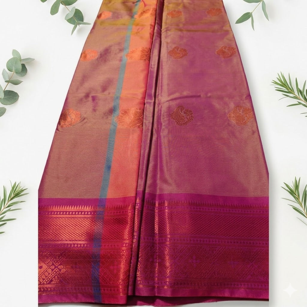 Synthetic silk sarees with blouse with copper zari weaving - red